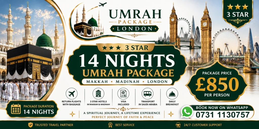 3 star 14 nights london umrah pacckags - Package Price _ £850